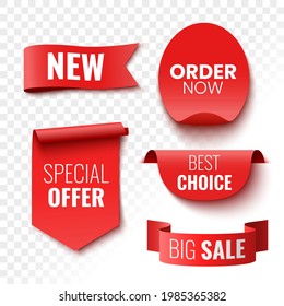 Best choice, order now, special offer, new and big sale banners. Red ribbons, tags and stickers. Vector illustration.