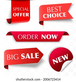 Best choice, order now, special offer, new and big sale banners. Red ribbons, tags and stickers on transparent background. Vector illustration.