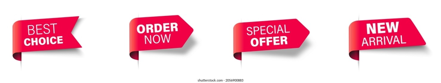 Best choice, order now, special offer and new arrival banners. Red ribbons, tags and stickers. Vector illustration.