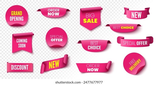 Best choice, order now, special offer, free delivery sale banners. Pink ribbons, tags and stickers. Vector illustration.