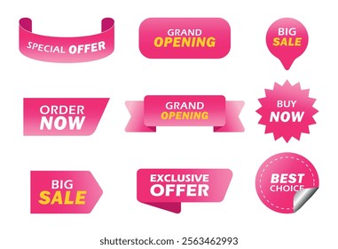 Best choice, order now, special offer, free delivery sale banners. Pink ribbons, tags and stickers. Vector illustration for business purpose