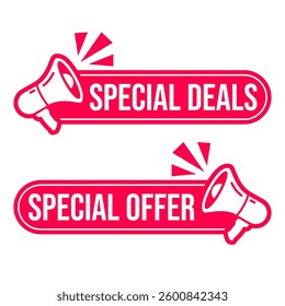Best choice, order now, special offer, new, big sale, mega sale, flash, opening, best price, discount, promotion banners and badge. Red ribbons, tags and stickers. Megaphone label icon logo. Vector.