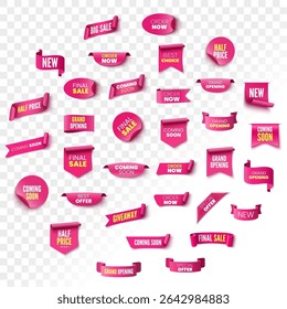 Best choice, order now, special offer, half price sale banners. Pink ribbons, tags and stickers. Vector illustration.