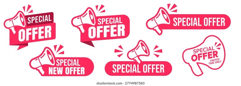 Best choice, order now, special offer, new and big sale banners. Red ribbons, tags and stickers. Megaphone label icon logo. Vector illustration.