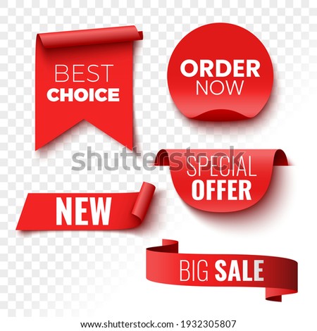 Best choice, order now, special offer, new and big sale banners. Red ribbons, tags and stickers. Vector illustration.