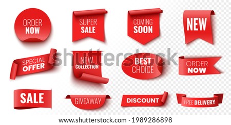 Best choice, order now, special offer, new collection, free delivery sale banners. Red ribbons, tags and stickers. Vector illustration. 商業照片 © 