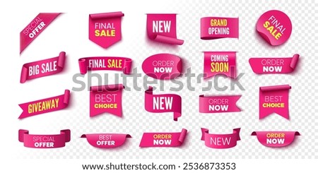 Best choice, order now, special offer sale banners. Pink ribbons, tags and stickers. Vector illustration.