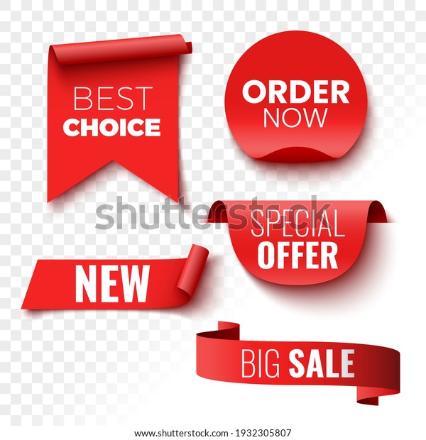 Best\
choice, order now, special offer, new and big sale banners. Red\
ribbons, tags and stickers. Vector\
illustration.