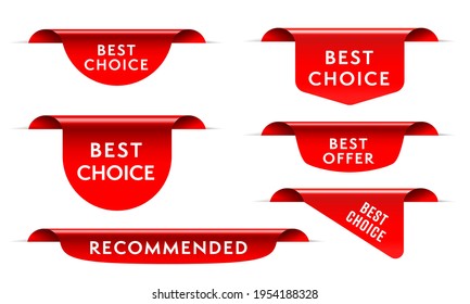 Best choice red tag ribbon, bookmark label, corner sticker. Set of red realistic three-dimensional quality product recommended silk scroll tape vector illustration isolated on white background