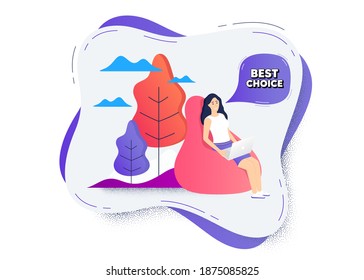 Best choice. Remote online work icon. Woman working at laptop. Special offer Sale sign. Advertising Discounts symbol. Online work icon. Best choice banner. Vector