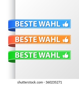 Best choice ribbons set. Blue, orange and green colors. German text. Vector illustration.