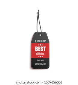 Best choice - sale label or red and black tag for Black Friday sales, realistic vector illustration isolated on white background. Advertising banner template design.
