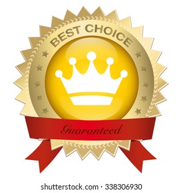 Best choice seal or icon with red banner and crown symbol. Glossy golden seal or button with stars and elegant banner.