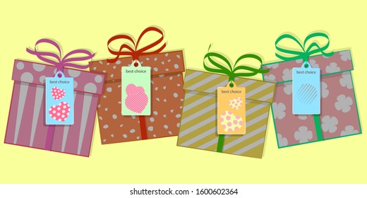 Best choice. Set design elements. Gift boxes set in cartoon style vector illustration.