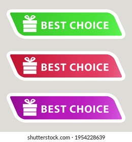 The best choice. Set of three stickers decorated a gift box. Graphic resource for websites, social networks, printing products. Vector illustration.