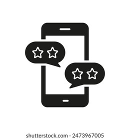 Best Choice Silhouette Icon. Customer Feedback On Smartphone Glyph Pictogram. Mobile Phone With Stars And Speech Bubble Solid Sign. Application Rating Symbol. Isolated Vector Illustration.