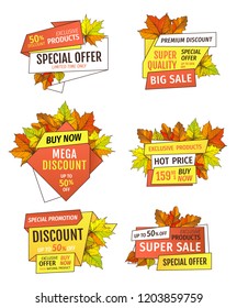 Best choice special promotion discounts on Thanksgiving day tags, exclusive offer buy now label with oak tree leaves. Vector autumn sale foliage emblems