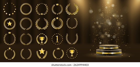 Best choice stamp shines with celebratory prestige layout. Elegant symbols for product tags, winner lists, and ads. Shining 3D elements perfect for black or white themes. Golden plant design