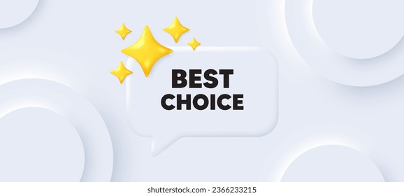 Mejor etiqueta de elección. Fondo neutral con burbuja de habla de chat. Oferta especial Cartel de venta. Símbolo de descuentos publicitarios. Mejor mensaje de voz de elección. Cartel con estrellas 3d. Vector