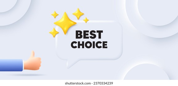 Mejor etiqueta de elección. Fondo neutral con burbuja de habla de chat. Oferta especial Cartel de venta. Símbolo de descuentos publicitarios. Mejor mensaje de voz de elección. Cartel con la mano. Vector