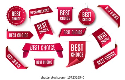 Best choice tags, vector red labels isolated on white background. Best choice 3d ribbon banners