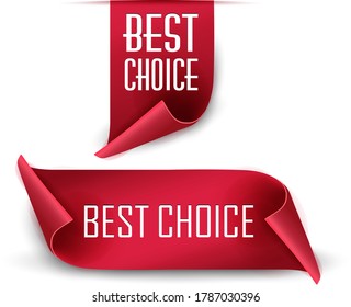 Best choice tags, vector red labels isolated on white background. Best choice 3d ribbon banners