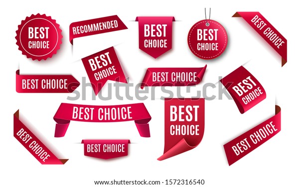 Best choice tags, vector red\
labels isolated on white background. Best choice 3d ribbon\
banners