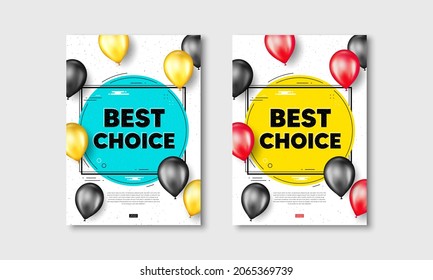 Mejor texto de elección. Afiches de volante con globos realistas cubiertos. Oferta especial Cartel de venta. Símbolo de descuentos publicitarios. Mejor elección de afiches blancos de marco de texto. Los globos se cubren. Vector