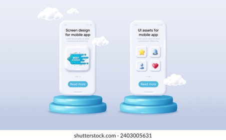 Best choice transition bubble. Phone mockup on podium. Product offer 3d pedestal. Cartoon face character chat message. Blue flow banner icon. Background with 3d clouds. Vector