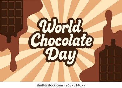 Best Choice for World Chocolate Day, Valentine, Christmas, Thanksgiving Celebration. World Chocolate Day Greeting Card. Vector Illustration with melted chocolate bar, retro sunburst background.