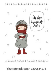 The best christmas ever - Baby illustration of a cute character takling girl with letter for Santa in a hat, scarf. Kids vector illustration with hand drawn lettering. Scandinavian style.