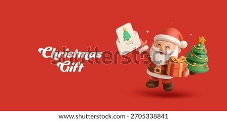Best Christmas gift. 3D Merry Santa with gift, Christmas tree, Santa letter. Red funny banner. For Christmas, fun, childhood concepts. Vector illustration.