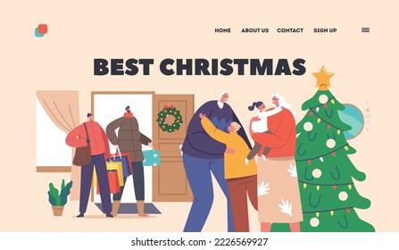 Best Christmas Landing Page Template. People Visit Old Parents House. Happy Family Characters Visit Grandparents Home. Mother, Father and Little Kids Arrived for Holidays. Cartoon Vector Illustration