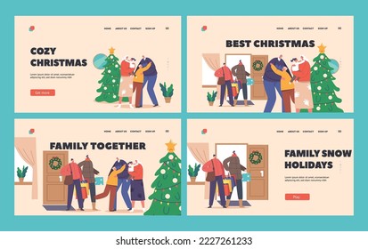 Best Christmas Landing Page Template Set. People Visit Old Parents House. Happy Family Characters Visit Grandparents . Mother, Father and Little Kids Arrived for Holidays. Cartoon Vector Illustration