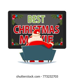 Best Christmas movies vector cartoon illustration. Santa Claus on the sofa watching TV.