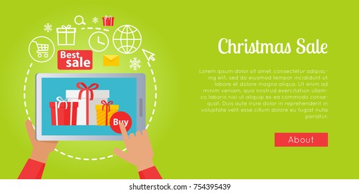 Best Christmas sale of colourful presents online all around world. Vector illustration of buying boxes with gifts with help of modern gadgets in Internet. Process of seeking, sending and getting goods