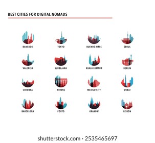 Best cities for digital nomads - logos, icons for infographics, index, presentation, ranking - Bangkok, Tokyo, Buenos Aires, Seoul, Valencia, Porto, Lisbon, Mexico, Barcelona