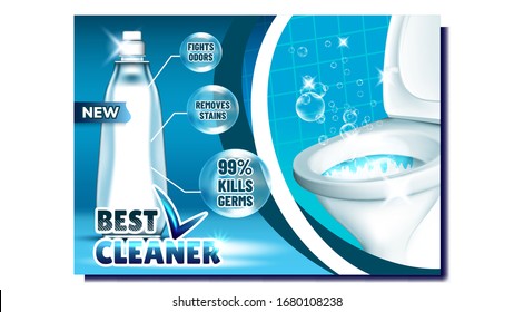 Beste sauberere kreative Werbetafel-Vektorillustration. Flasche mit flüssigem Reinigungsmittel und Blasen zum Waschen von Toiletten, Kill-Keime und Gefechtsköpfe. Restroom Hygiene Concept Mock up Realistic 3D Illustration