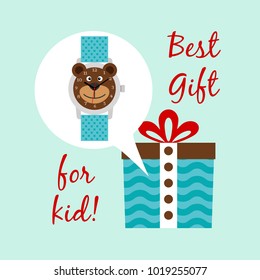 Best clocks gift for kid. Digital hands blue watch and gift box, vector illustration