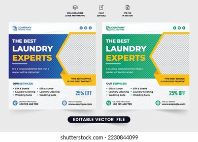 Best cloth washing service advertisement template vector with discount offer. Laundry business social media post template for marketing. Laundry and dry cleaning service promotional poster design.