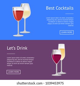 Best cocktails lets drink red wine and champagne glasses set of posters with place for text, vector glassware with winery drinks web online push button