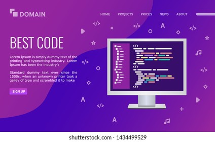 Best code. Landing page design. Personal computer with program code. Vector illustration on ultraviolet background.