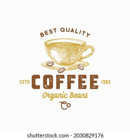 Best Coffee Abstract Vector Sign, Symbol or Logo Template. Hand Drawn Coffee Cup and Beans Sketch Sillhouette with Retro Typography. Vintage Beverage Emblem. Isolated.
