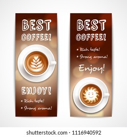 Best coffee art banners with description of rich taste and strong aroma and wish enjoy realistic vector illustration 