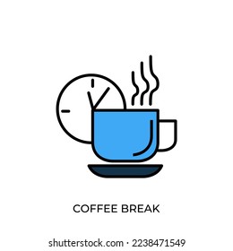 The best Coffee break business icon in blue, flat vector illustration in trendy style, isolated on white background. Editable perfect graphic resources for many purposes.