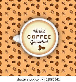 Best coffee concept. Vector white coffee cup with cappuccino on seamless pattern background. Coffee cup vector. Realistic coffee cup. Best coffee concept. Cappuccino cup. Coffee espresso. Coffee beans