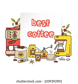 Best coffee design. Coffee equipment flat collection icons. Hot drinks flat line icons - coffeemaker machine, beans, cup, grinder. For restaurant menus, business cards, brand design, etc. Vector.