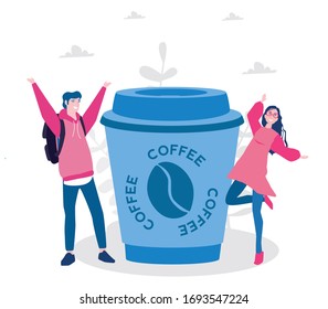 Best coffee and happy people dancing, cup of coffee. Vector illustration for web banner, infographics, mobile. Coffee cup, 