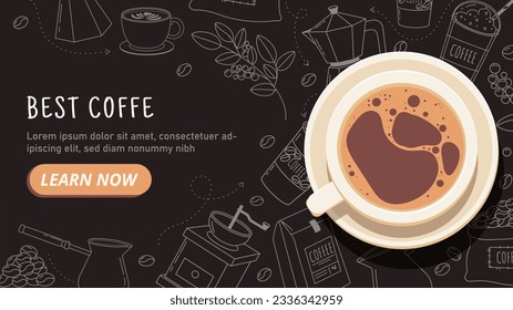 Best coffee landing page. Aroma and beverage, tasty hot drink. Coffee grinder and cup, beans. Advertising poster or banner for coffee shop website. Cartoon flat vector illustration