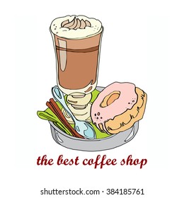 the best coffee shop. design template for the a coffee house. cappuccino in a glass standing on a tray beside cinnamon stick and spoon